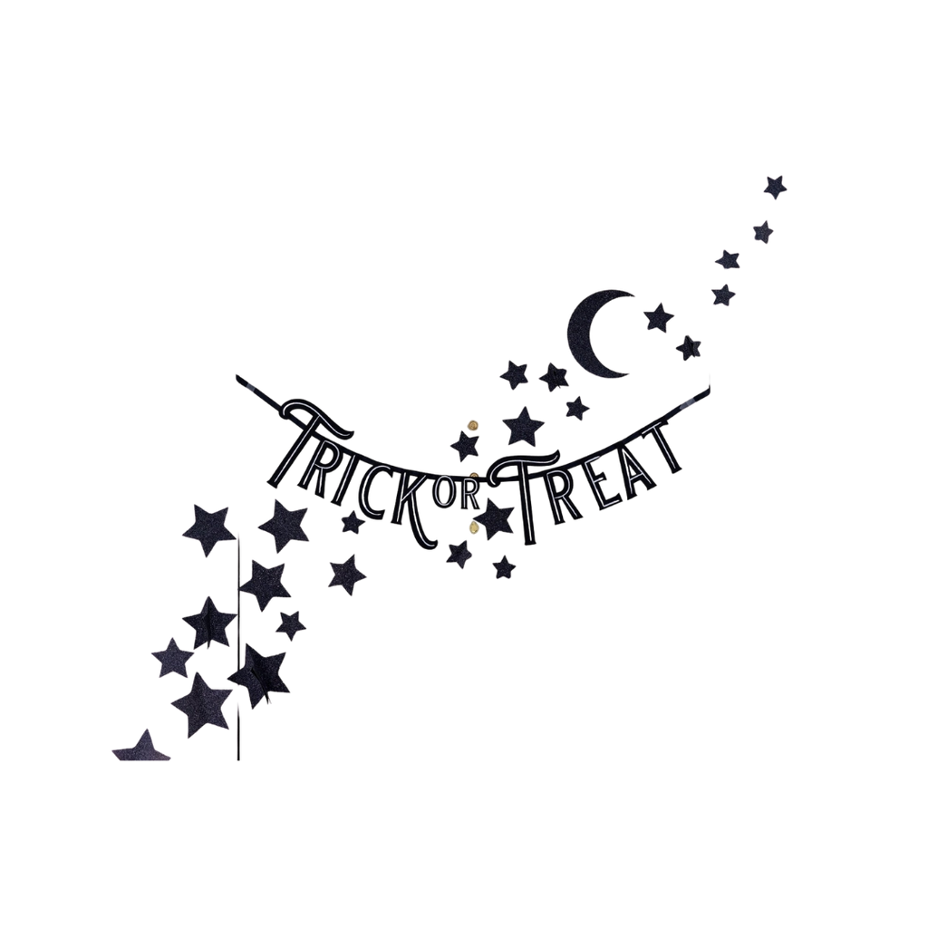 Black trick or treat banner with moon and stars Halloween decor from Parte Haus party supply store in Bethesda Maryland