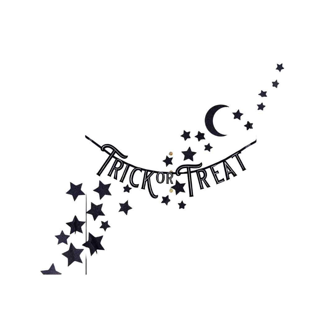 Black trick or treat banner with moon and stars Halloween decor from Parte Haus party supply store in Bethesda Maryland