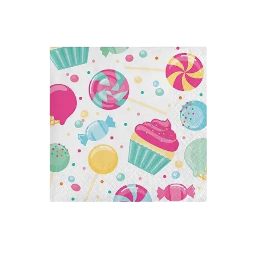 multicolor candy beverage napkins with lollipops and cupcakes birthday theme from Parte Haus party supply store in Bethesda MD