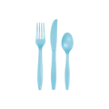Pastel blue plastic cutlery set with fork knife and spoon for birthdays from Parte Haus party supply store in Bethesda MD.