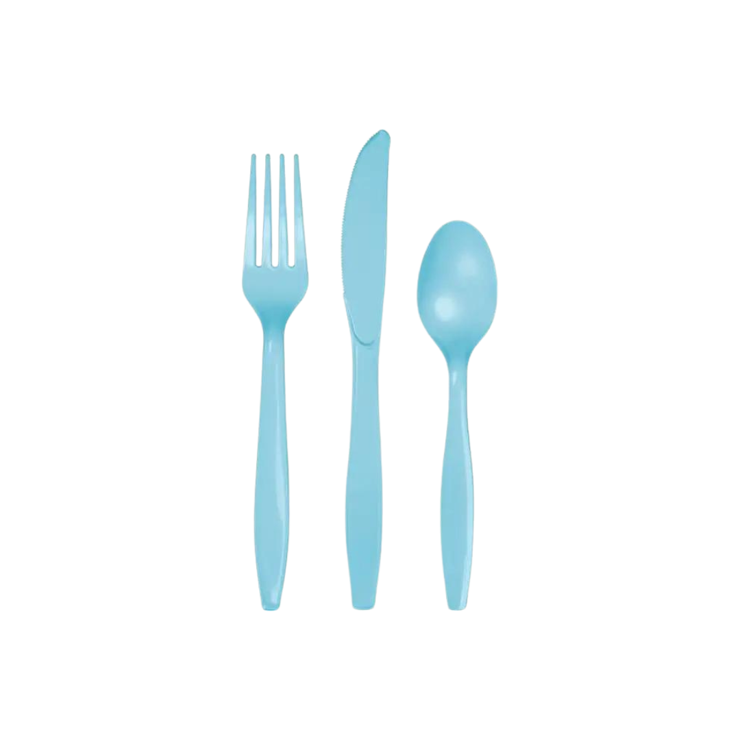Pastel blue plastic cutlery set with fork knife and spoon for birthdays from Parte Haus party supply store in Bethesda MD.