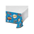 Blue superhero table cover with comic words for kids birthday from Parte Haus party supply store in Bethesda MD
