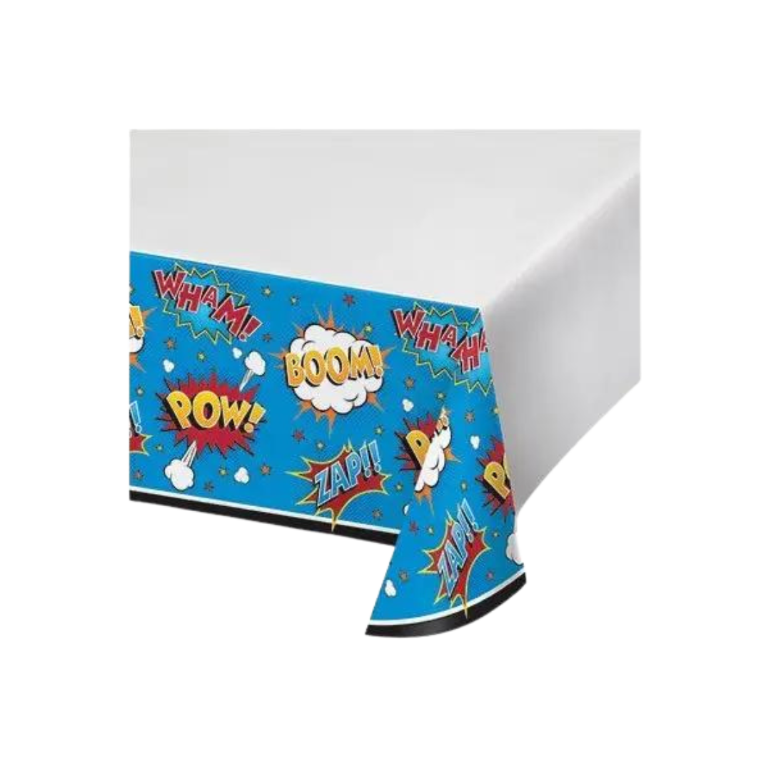 Blue superhero table cover with comic words for kids birthday from Parte Haus party supply store in Bethesda MD