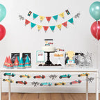 Multi color vintage race car birthday banner with checkered flags for race car theme from Parte Haus party supply store in Bethesda MD