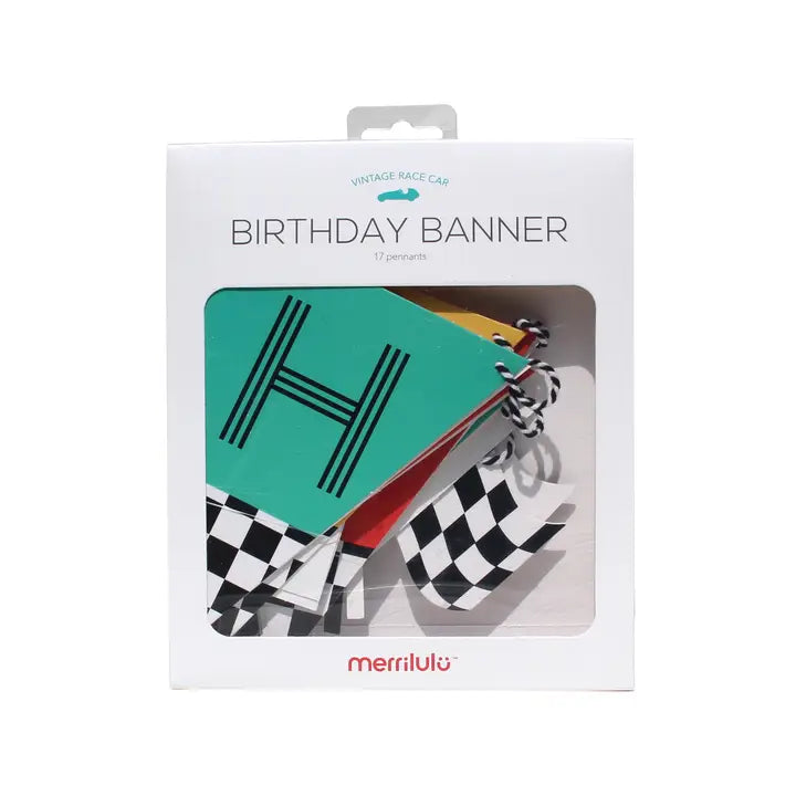 Colorful birthday banner with checkered flags race car theme from Parte Haus party supply store in Bethesda MD