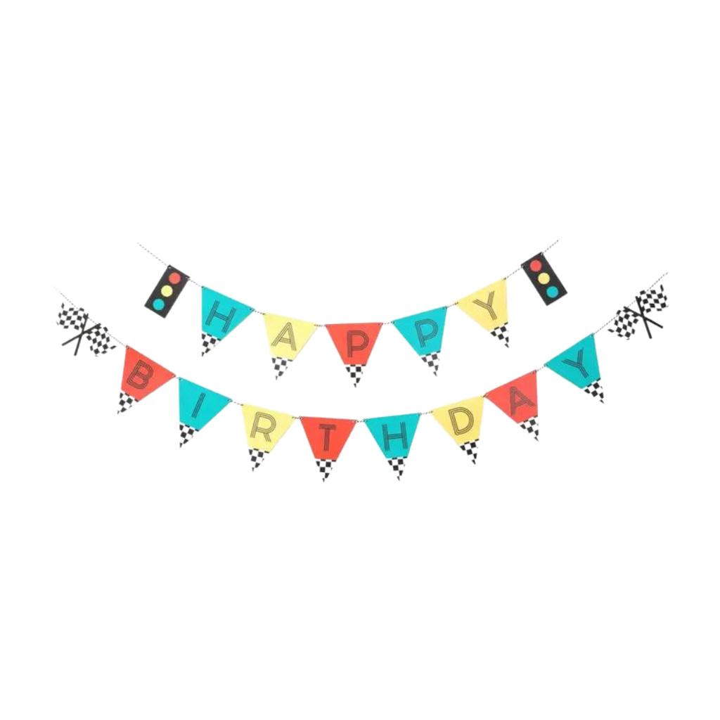 Red yellow and teal vintage race car birthday banner with checkered flags birthday theme from Parte Haus party supply store in Bethesda Maryland