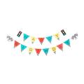 Red yellow and teal vintage race car birthday banner with checkered flags birthday theme from Parte Haus party supply store in Bethesda Maryland