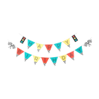 Red yellow and teal vintage race car birthday banner with checkered flags birthday theme from Parte Haus party supply store in Bethesda Maryland