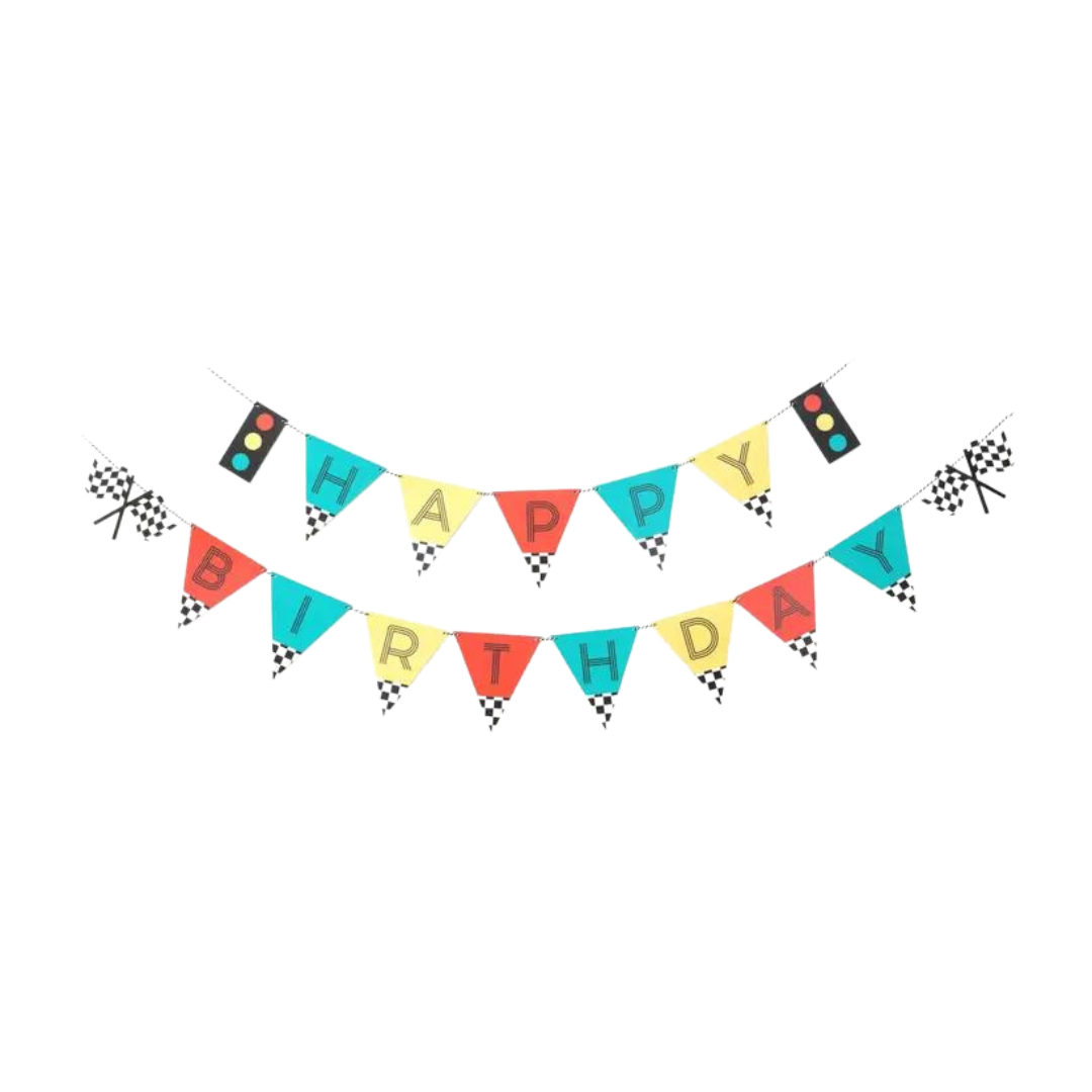 Red yellow and teal vintage race car birthday banner with checkered flags birthday theme from Parte Haus party supply store in Bethesda Maryland