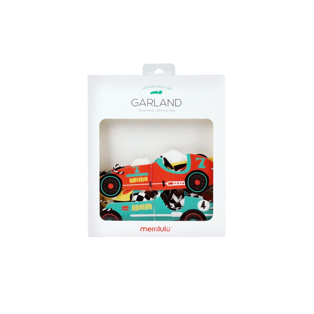 Red and teal vintage race car garland decoration for birthday from Parte Haus party supply store in Bethesda MD