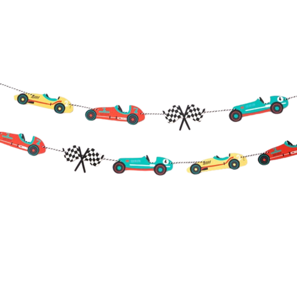 Colorful race car garland with red yellow and blue cars for kids birthday from Parte Haus party supply store in Bethesda Maryland