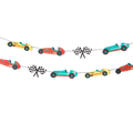 Colorful race car garland with red yellow and blue cars for kids birthday from Parte Haus party supply store in Bethesda Maryland