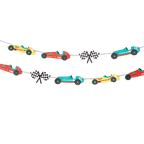 Colorful race car garland with red yellow and blue cars for kids birthday from Parte Haus party supply store in Bethesda Maryland