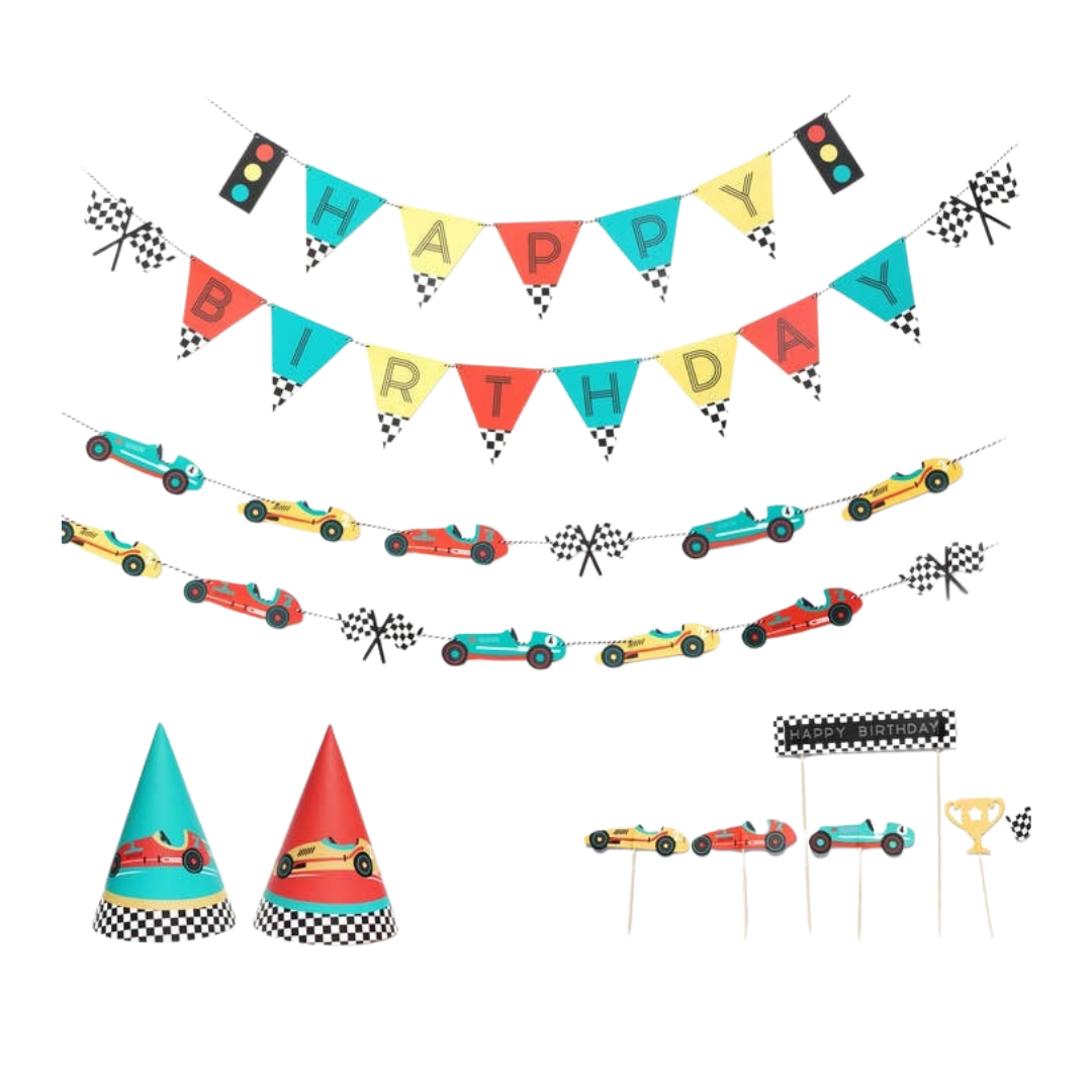 Colorful vintage race car birthday decoration kit with banners and hats race car theme from Parte Haus party supply store in Bethesda Maryland
