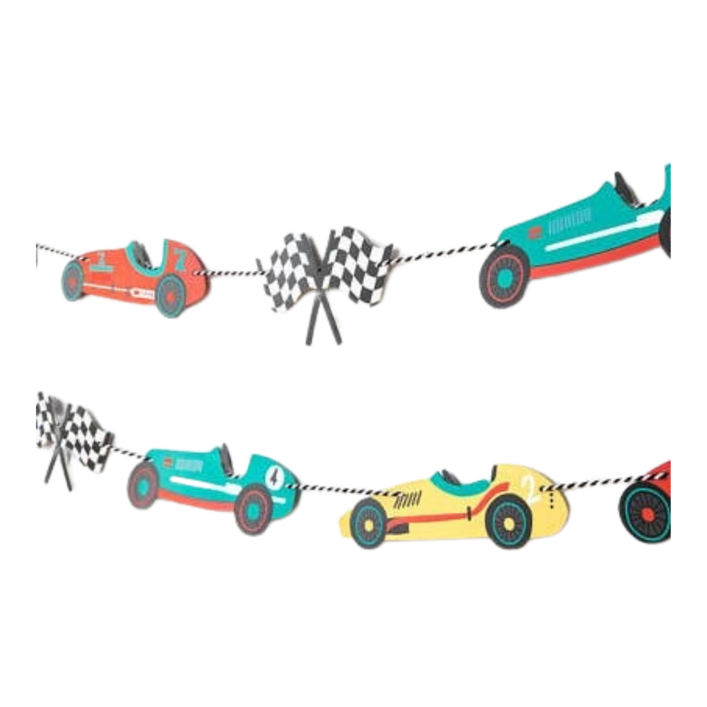 multicolor vintage race car garland with checkered flags race car theme from Parte Haus party supply store in Bethesda MD