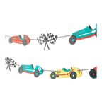 multicolor vintage race car garland with checkered flags race car theme from Parte Haus party supply store in Bethesda MD