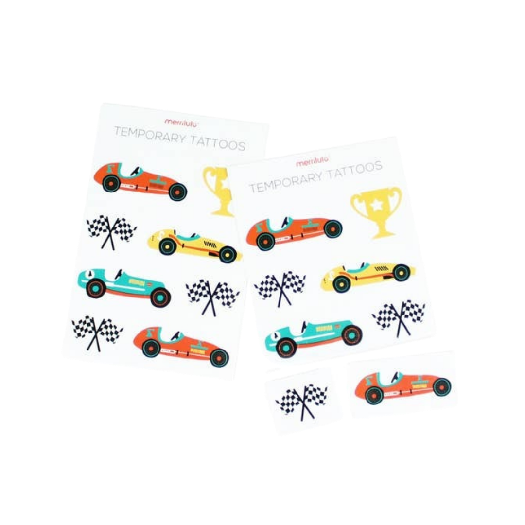 Colorful vintage race car temporary tattoos with checkered flags racing theme from Parte Haus party supply store in Bethesda MD
