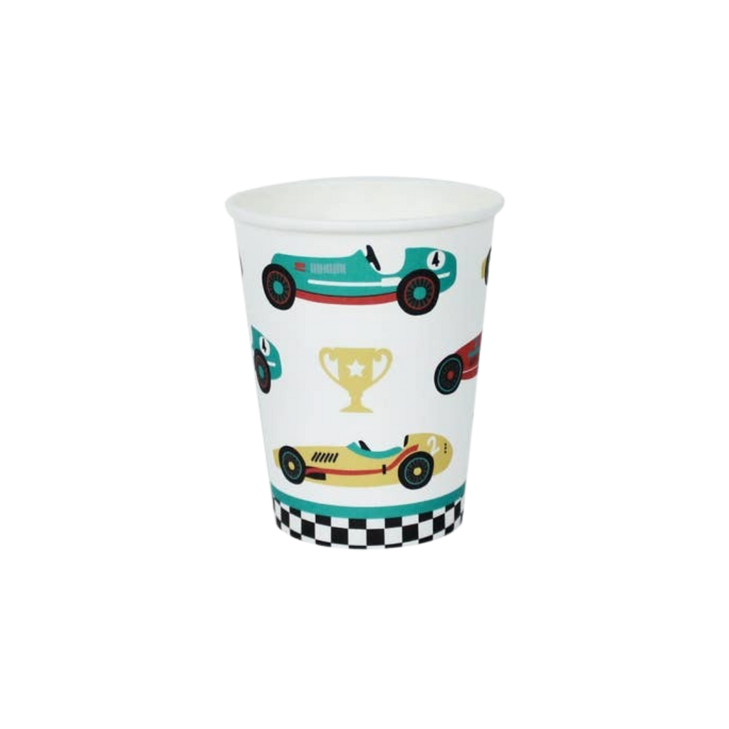 multicolor vintage race car cup with trophy and checkered design racing theme from Parte Haus party supply store in Bethesda MD
