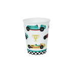 multicolor vintage race car cup with trophy and checkered design racing theme from Parte Haus party supply store in Bethesda MD