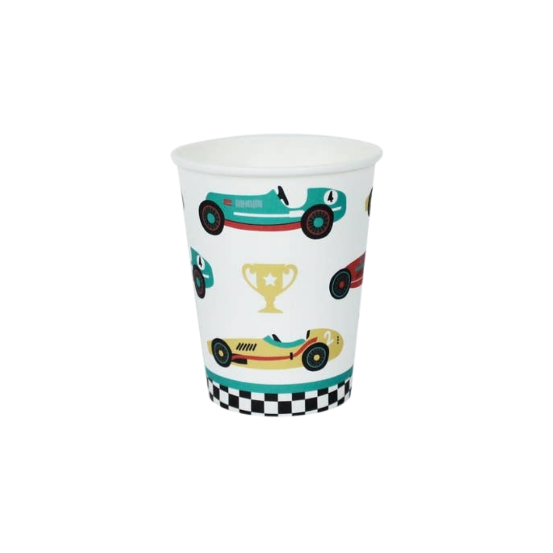 multicolor vintage race car cup with trophy and checkered design racing theme from Parte Haus party supply store in Bethesda MD