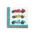 Multicolor race car napkin with checkered border race car theme from Parte Haus party supply store in Bethesda Maryland