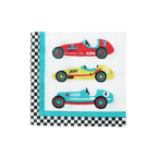 Multicolor race car napkin with checkered border race car theme from Parte Haus party supply store in Bethesda Maryland