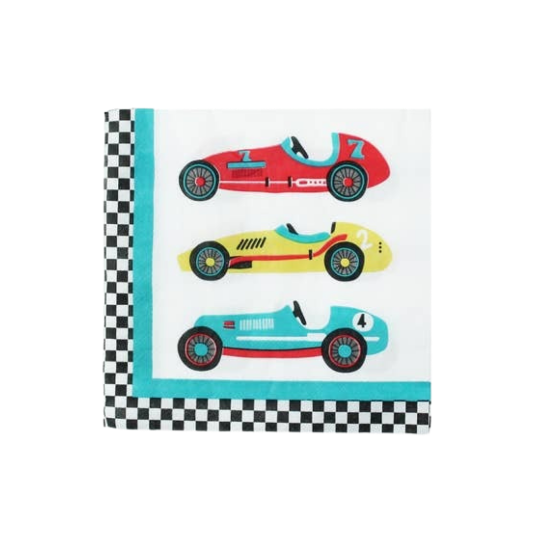 Multicolor race car napkin with checkered border race car theme from Parte Haus party supply store in Bethesda Maryland
