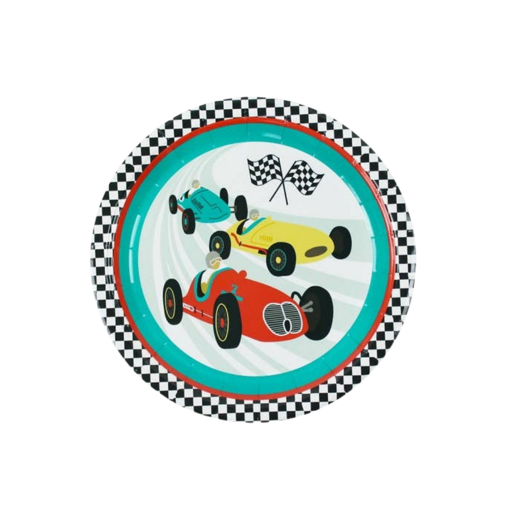 Multicolor vintage race car napkins with checkered border race car birthday theme from Parte Haus party supply store in Bethesda Maryland