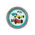 Multicolor vintage race car napkins with checkered border race car birthday theme from Parte Haus party supply store in Bethesda Maryland