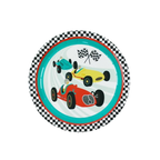 Multicolor vintage race car napkins with checkered border race car birthday theme from Parte Haus party supply store in Bethesda Maryland