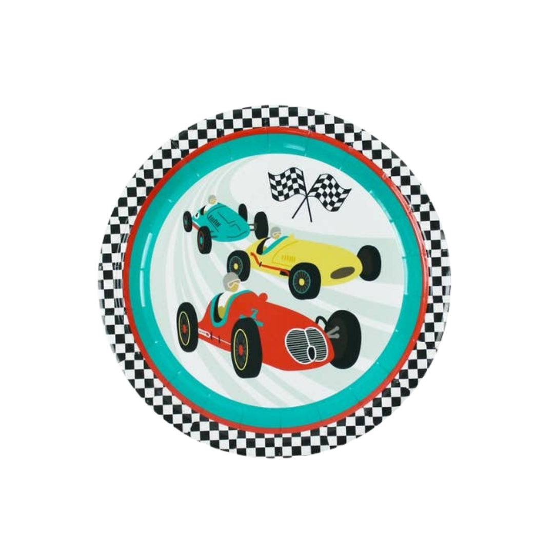Multicolor vintage race car napkins with checkered border race car birthday theme from Parte Haus party supply store in Bethesda Maryland