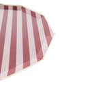 Pink striped octagon plate with gold rim for birthday party from Parte Haus party supply store in Bethesda MD