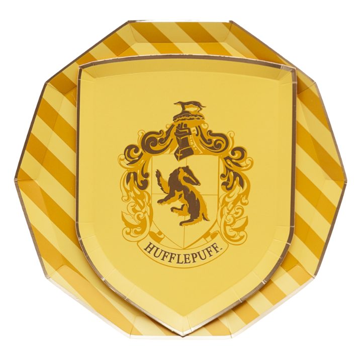 Yellow Hufflepuff shield plate with gold details for wizard party from Parte Haus party supply store in Bethesda MD