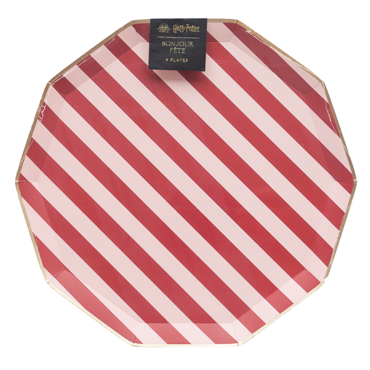 Red and white striped plate with angled edges Harry Potter birthday from Parte Haus party supply store in Bethesda Maryland