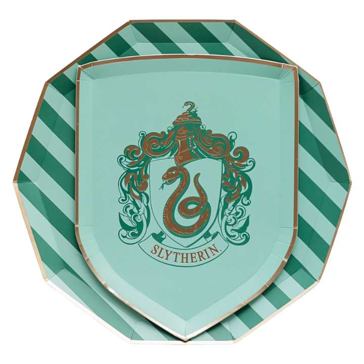 Green Slytherin shield shaped paper plate for Harry Potter birthday from Parte Haus party supply store in Bethesda MD