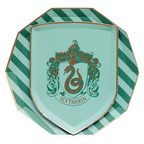 Green Slytherin shield shaped paper plate for Harry Potter birthday from Parte Haus party supply store in Bethesda MD