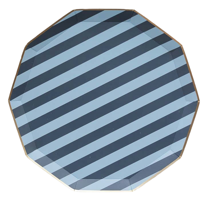 blue and black striped octagon plate with gold trim for birthday from Parte Haus party supply store in Bethesda MD