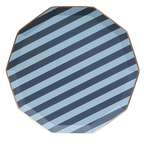 blue and black striped octagon plate with gold trim for birthday from Parte Haus party supply store in Bethesda MD