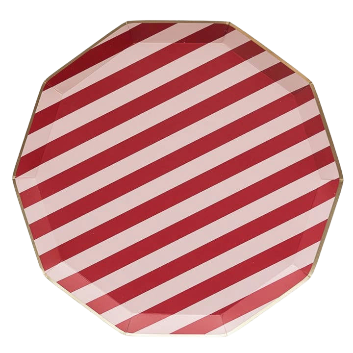 Red and pink striped octagon plate with gold rim for birthday from Parte Haus party supply store in Bethesda MD