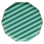 Green striped paper plate with gold rim for birthday party from Parte Haus party supply store in Bethesda Maryland