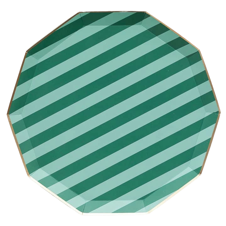 Green striped paper plate with gold rim for birthday party from Parte Haus party supply store in Bethesda Maryland