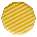 Yellow striped octagon plate with diagonal lines birthday decor from Parte Haus party supply store in Bethesda MD.
