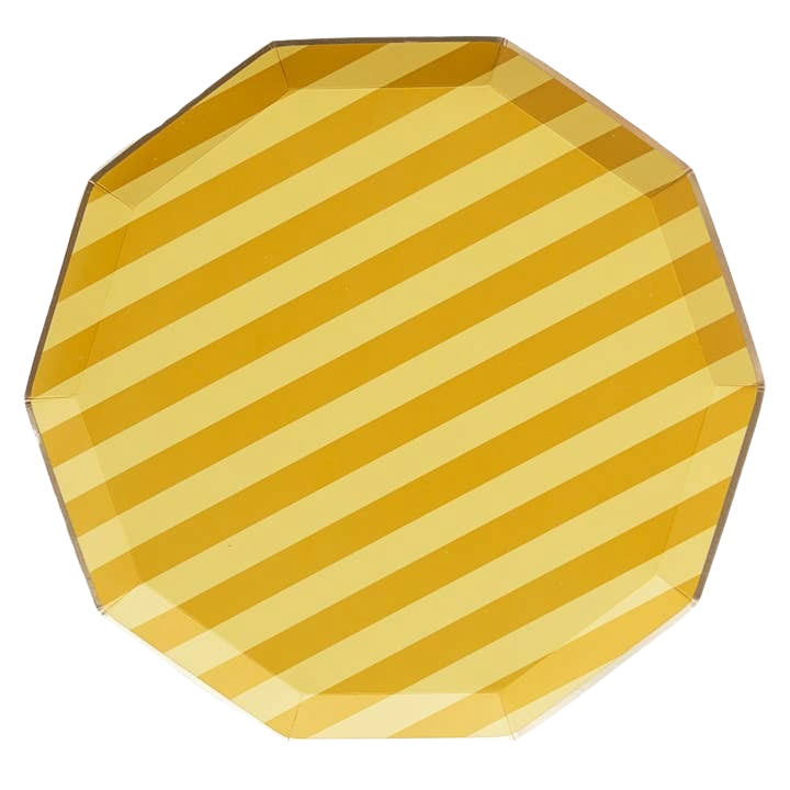 Yellow striped octagon plate with diagonal lines birthday decor from Parte Haus party supply store in Bethesda MD.
