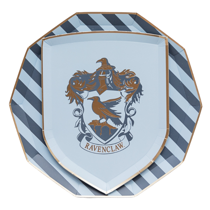 Blue and silver Ravenclaw shield plate with striped border Harry Potter birthday from Parte Haus party supply store in Bethesda MD