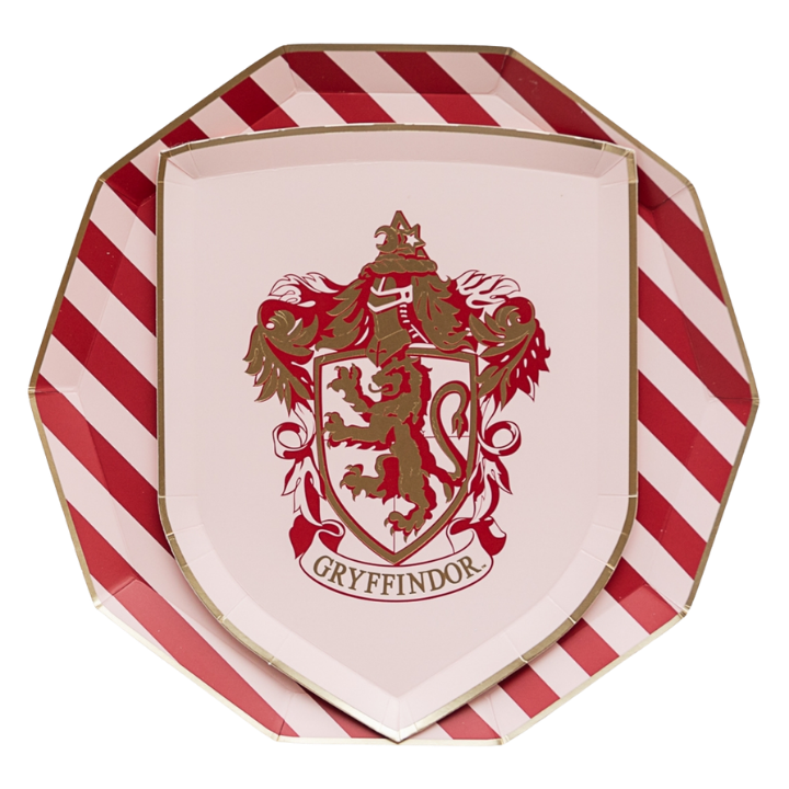 Red and gold Gryffindor shield plate with stripes wizard theme from Parte Haus party supply store in Bethesda MD