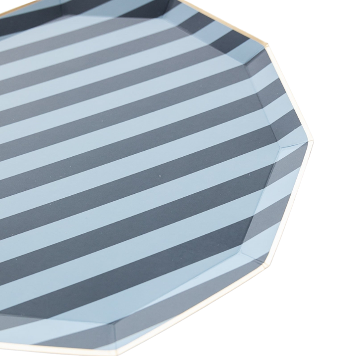 Blue and black striped octagon plate for birthday from Parte Haus party supply store in Bethesda MD