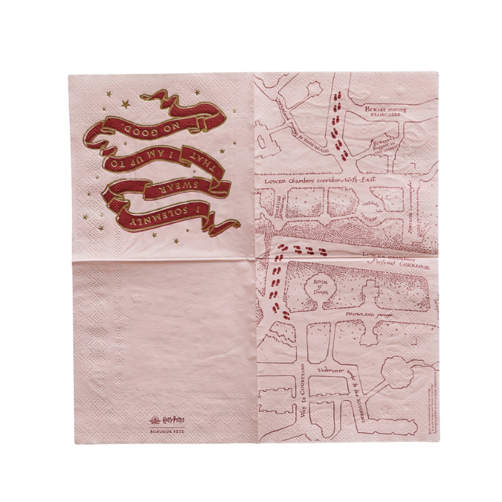 Pink Harry Potter napkin with gold stars Marauder’s Map design from Parte Haus party supply store in Bethesda MD