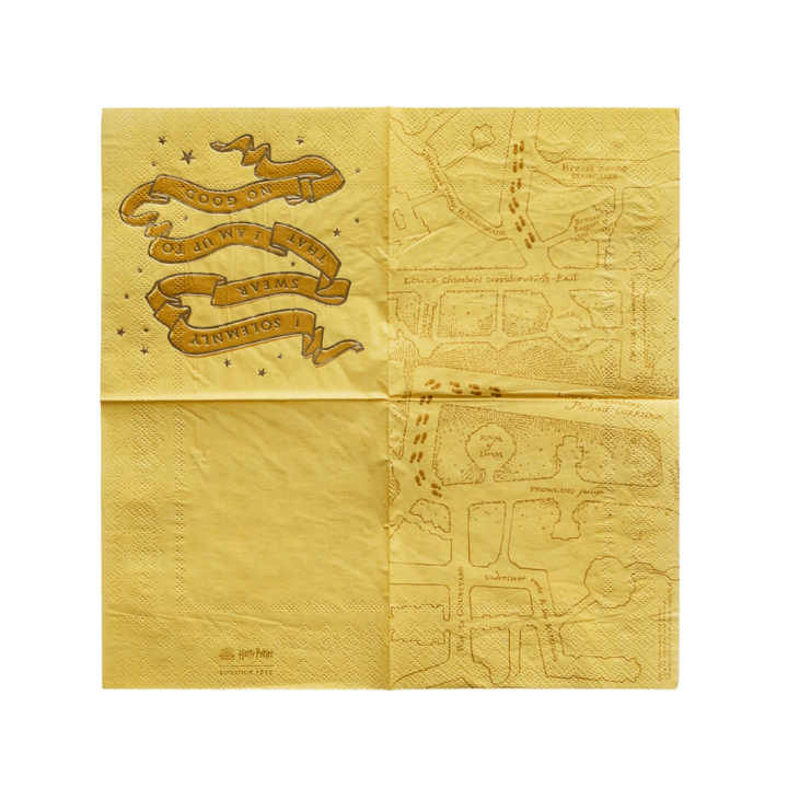 Yellow Harry Potter map napkin with brown Marauders Map design birthday from Parte Haus party supply store in Bethesda MD