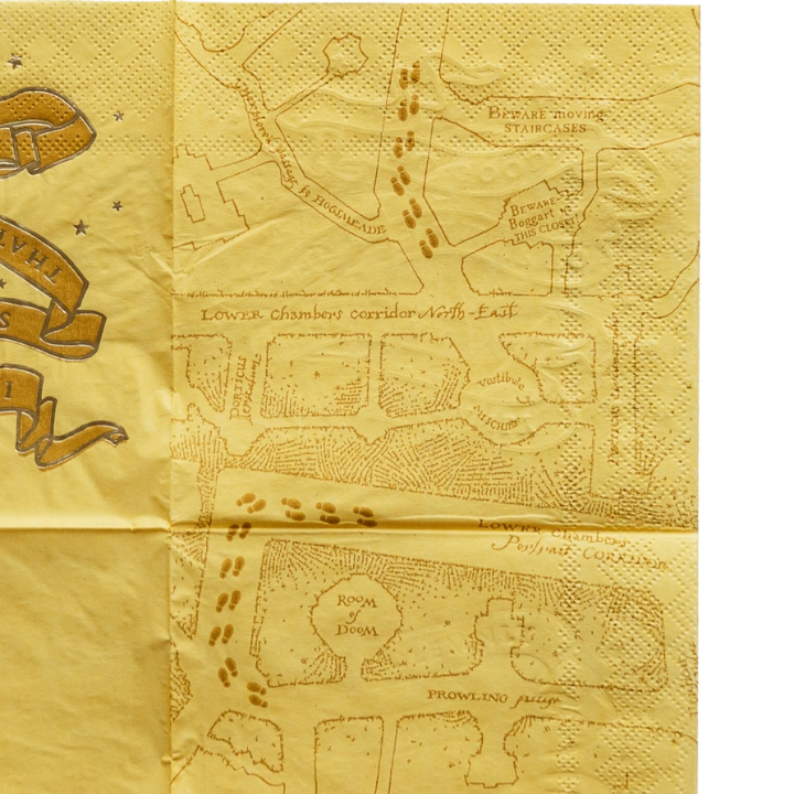 Yellow Marauder’s Map napkin with Hogwarts print for wizard birthday theme from Parte Haus party supply store in Bethesda Maryland