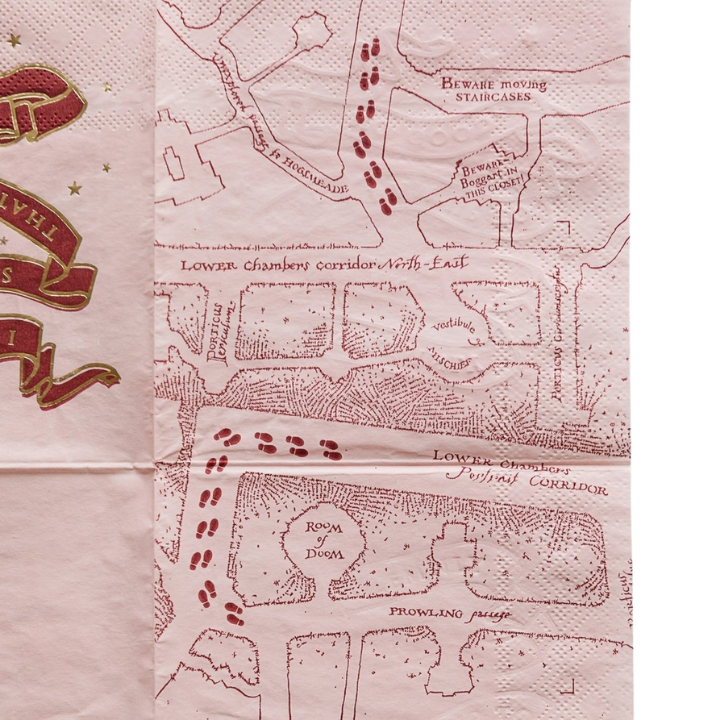 pink map themed napkin with footprints and gold stars for wizard birthday from Parte Haus party supply store in Bethesda MD
